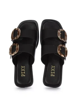 PIXY | FLACHE SANDALEN ÜBERGROSSE SCHNALLE SCHWARZ New