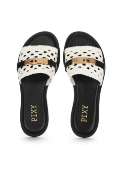 PIXY | FLACHE SANDALEN GOLDENES DETAIL WEIß SCHWARZ New