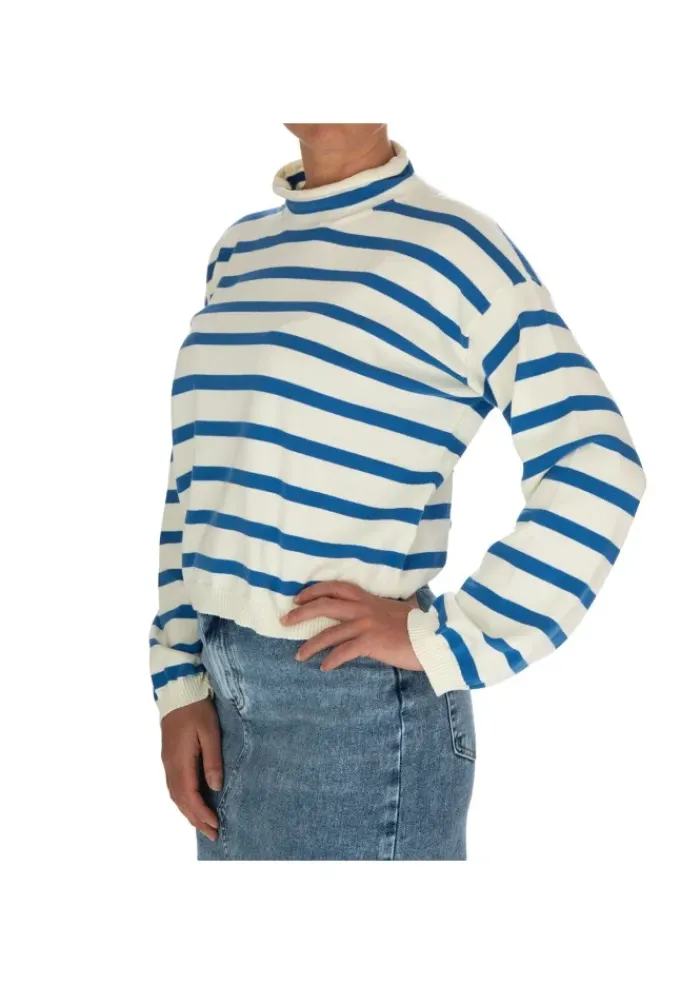 SEMICOUTURE | PULLOVER WEICHEM KRAGEN WEISS HELLBLAU Outlet